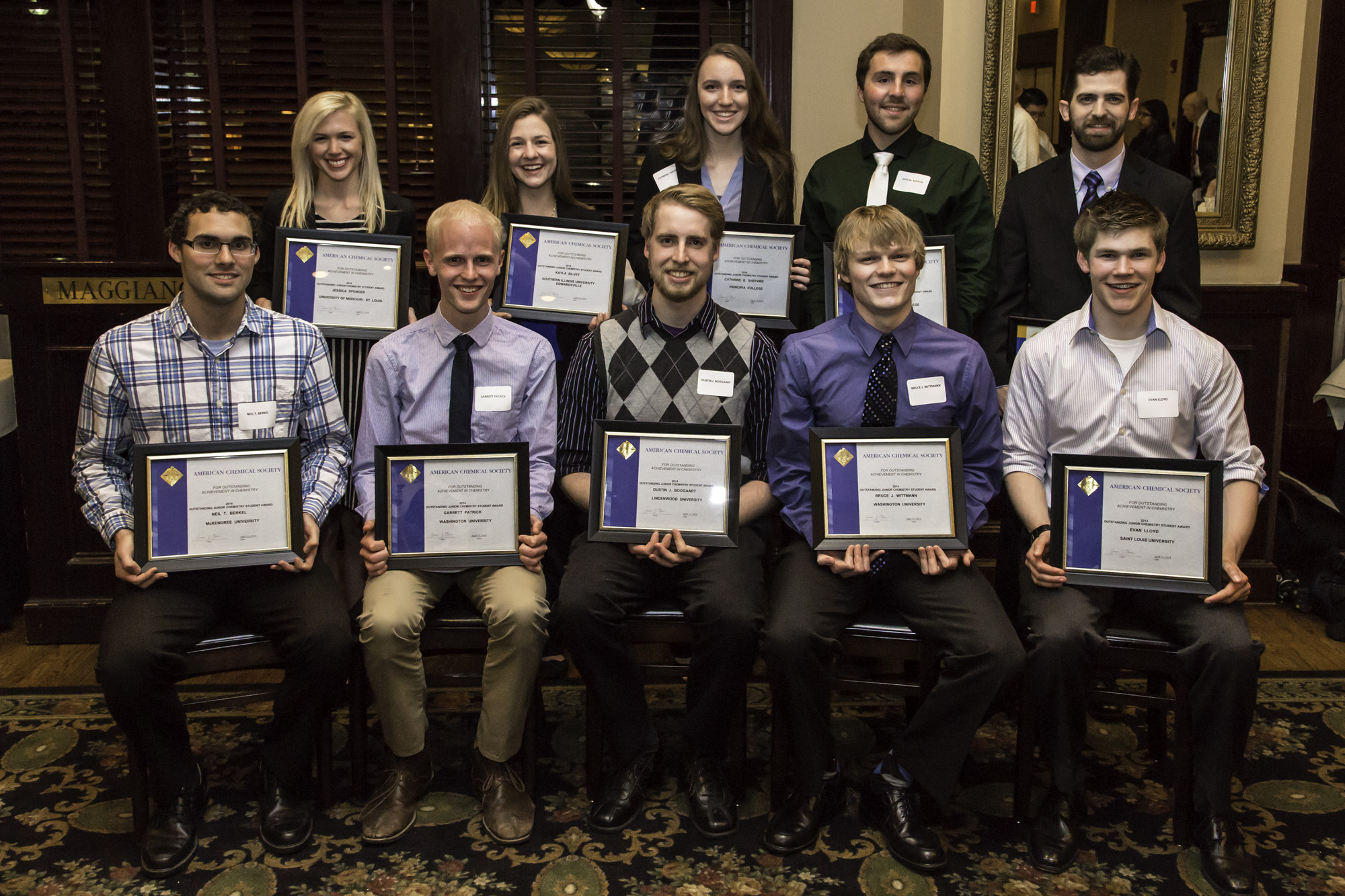 Front: Neil Berkel, Garrett Patrick, Dustin Boogaart, Bruce Wittmann, Evan Lloyd. Back: Jessica Spencer, Kayla Silvey, Cathrine Shepherd, Seth Martin. Not shown: Joseph Nuckolls
