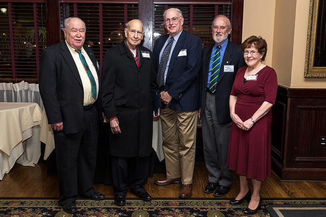 Photo of the 50- and 60-year members taken at the 2015 Recognition Night dinner: (left to right): Ben Outlaw, Avrom Ringel Handleman, John Rapko, Derek Redmore, and Esther Plowman
