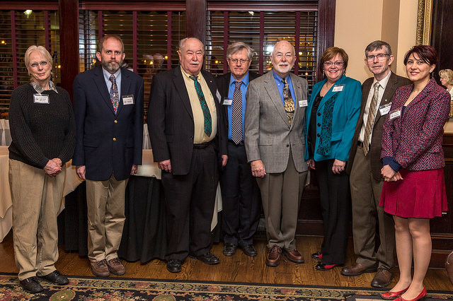 STLACS past and present chairs: (left to right) Donna Friedman, Jeff Cornelius, Ben Outlaw, Keith Stine, Hal Harris, Leah O'Brien, Jim O'Brien, and Pegah Jalili