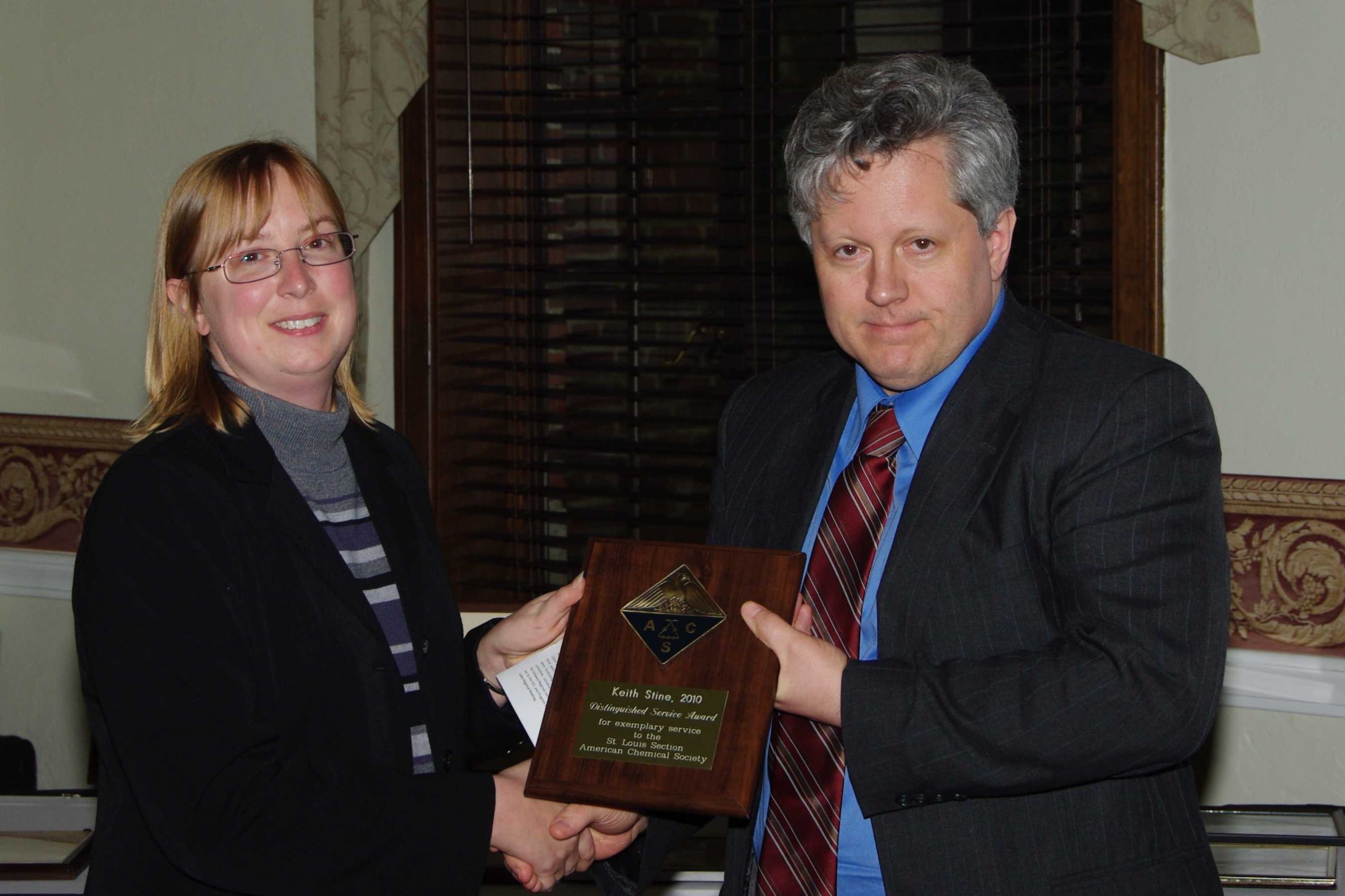 Keith Stine receives Distinguished Service Award from Shelley Minteer