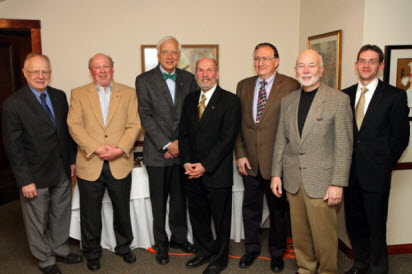 50-year ACS members honored this year at Recognition Night (left to right): Darwin Novak Jr, J Daniel Kelley, James E Bundschuh, David Garin, Anthony F Kardis, Harold Harris, and sneaking into the picture Eric Bruton, the current Section Chair