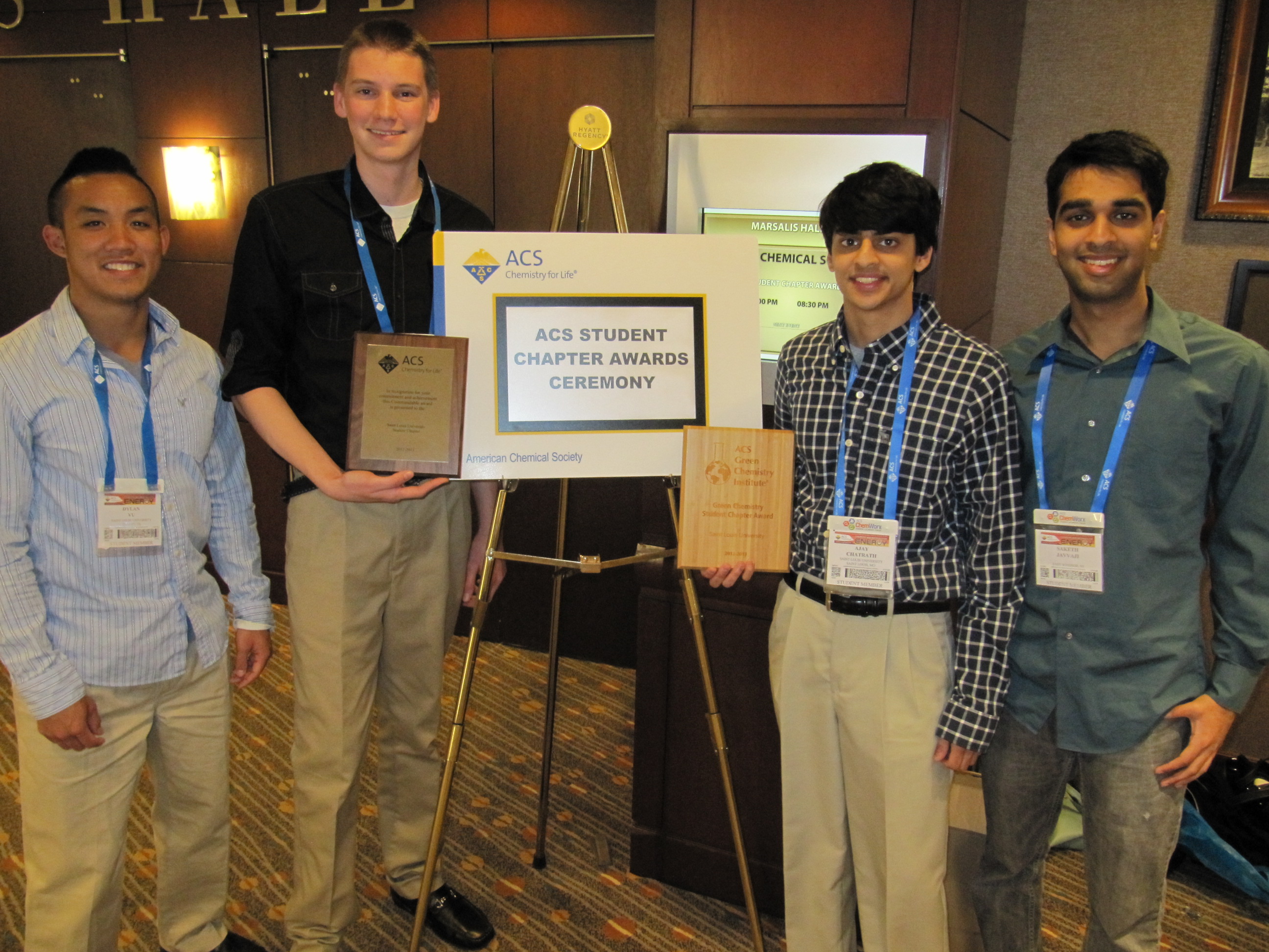 Officers of the SLU Chem Club (from left): Dylan Vu (VP of Operations), Nick Schlarman (President), Ajay Chatrath (VP of Finance), Saketh Javvaji (VP of Demonstrations)