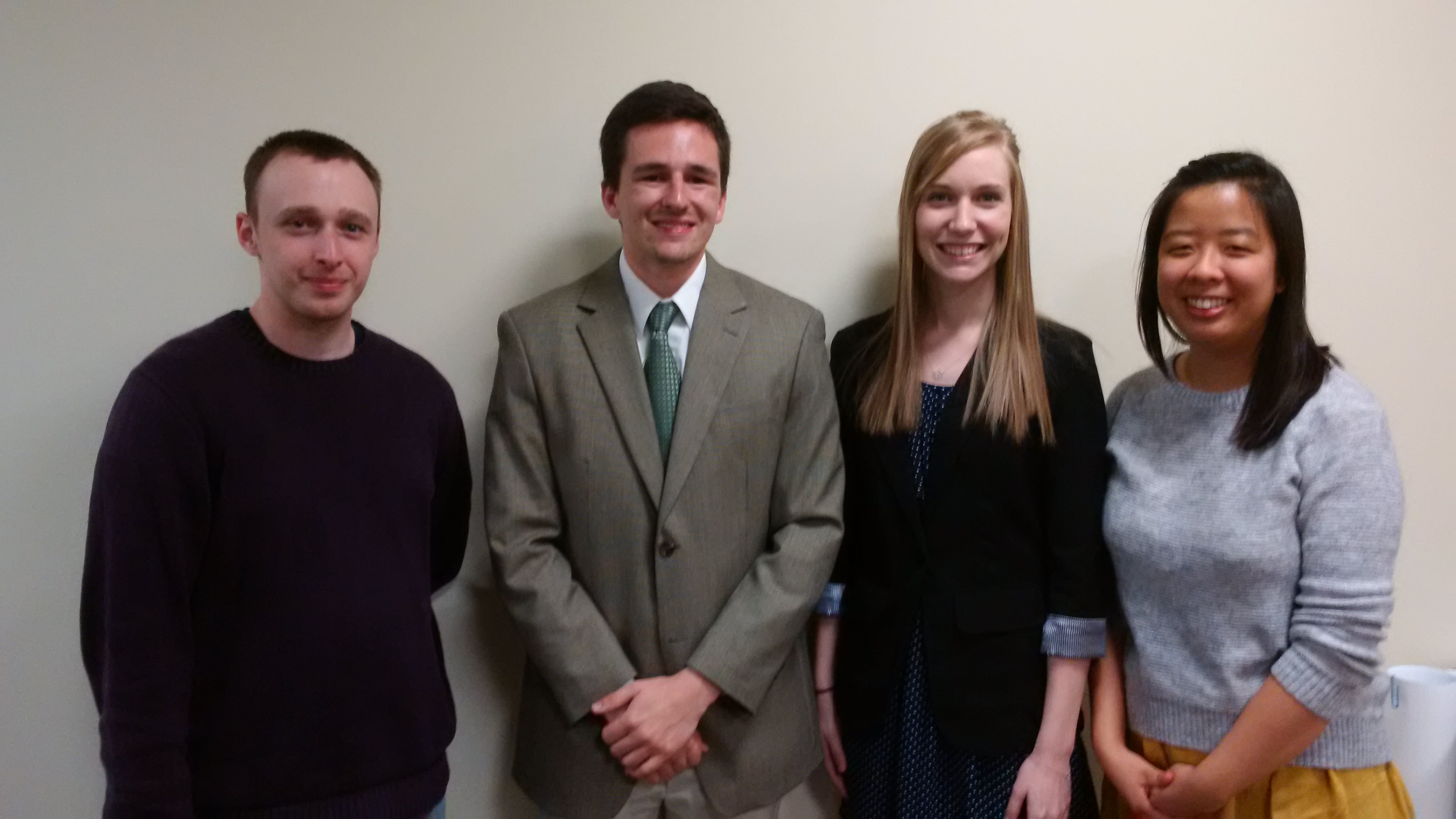 Award recipients at the 2015 Undergraduate Research Symposium, from left to right: Dallas Wright (SIUE, 2nd place), Andrew McLaughlin (SLU, 1st place), Katlyn Hausman (SIUE, 3rd place), Charlene Yu (SIUE, 4th place)
