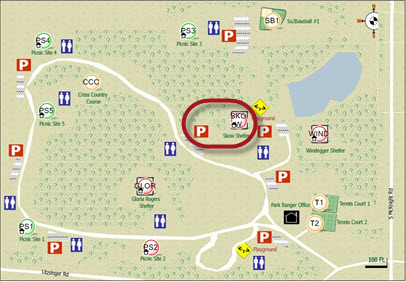 Map to Skow Shelter in Tilles Park