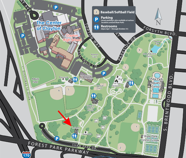 Shaw Park, arrow indicates South Shelter